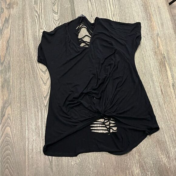 Bluheaven Cut-Up Back T-Shirt Crewneck Short Sleeve Knot Front Black Size Large - Picture 1 of 4